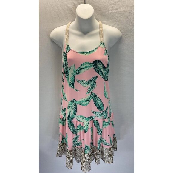 Maaji Mini Dress Tropical Swim Cover/Swimsuit Dress Nylon small pink/ Green lace - Picture 1 of 11